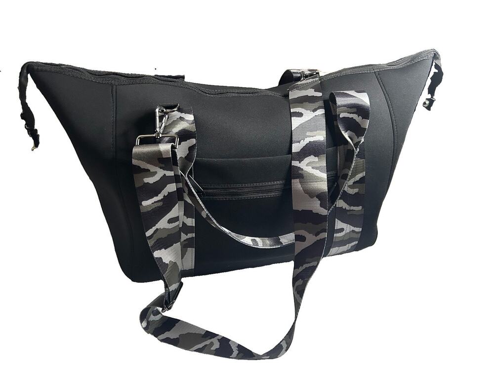 Haute Shore Weekend Black XL with Camo shoulder straps. Overnight BagZip Top